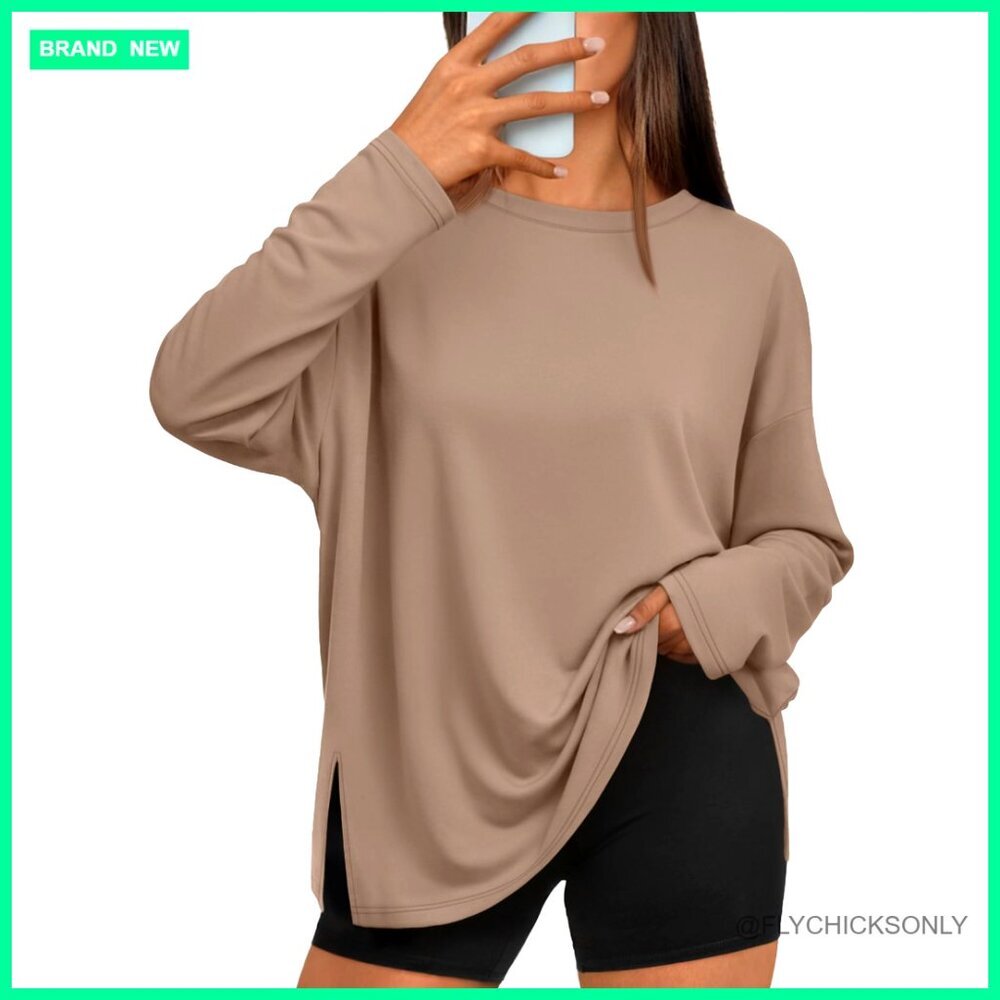 Oversized Long Sleeve T-Shirt with Side Slit, Crewneck, Workout Casual Tee